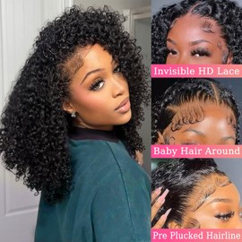 Bob Wig Human Hair 13x6 HD Transparent Lace Front Wigs Deep Curly Frontal Lace Wig Human Hair Pre Plucked Wigs for Women 200% Density Natural Black 18 Inch