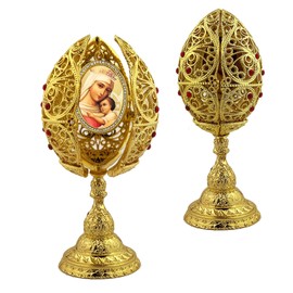 Virgin Mary Russian Icon Egg, Virgin Mary of Hope and Christ Filigree Egg, Triptych 6 inch, Religious Gift