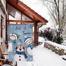 Heyfibro Let It Snow Winter Garden Flag 12x18 Inch Double Sided Burlap Winter Snowman Birds Garden Flags Snowflake Yard Banner for Seasonal Christmas Outside Outdoor Decoration (ONLY FLAG)