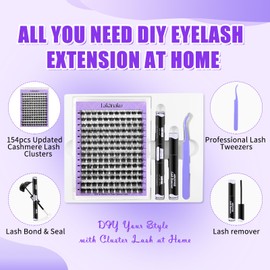 LAKANAKU DIY Lash Extension Kit,Cluster lash Extensions Kit, 10-16mm Mix Wispy Lash Clusters, D Curl Lash Clusters Kit with Bond and Seal & Tweezer & Remover, Fluffty Lash at Home Lash Extensions Kit