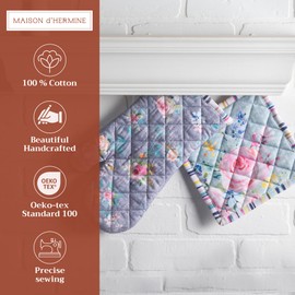 Maison d’ Hermine 100% Cotton Oven Mitt & Pot Holder Set (7.5x13 & 8x8 Inches) – Heat-Resistant Kitchen Mittens for Cooking, Baking & BBQ – Durable, Easy to Use, Sweet Rose Lavender - Spring/Summer
