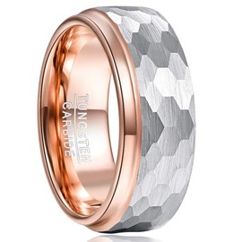 TUNGSTORY 8mm Mens Hammered Ring Multi-faceted Rose Gold Tungsten Wedding Ring Bands Step Edge Comfort Fit Size T 1/2