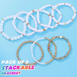 GORTIN Clay Bead Bracelets for Women White Stretch Friendship Bracelets Stackable Surfer Heishi Bracelet (J-White-8 PCS, Free size)