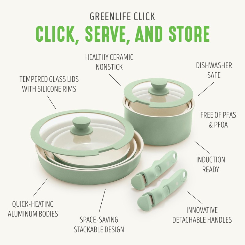 GreenLife 10 Piece Nonstick Pots & Pans Set, Detachable Handle