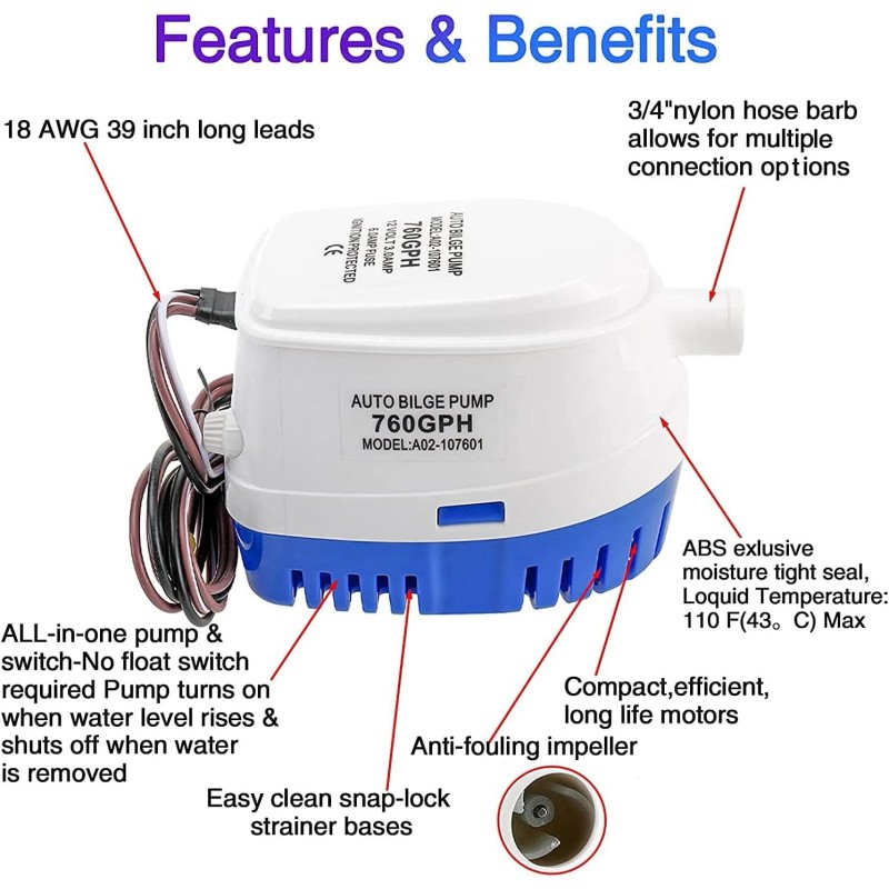 Amarine Made 12v 760gph Auto Submersible Boat Bilge Water Pump