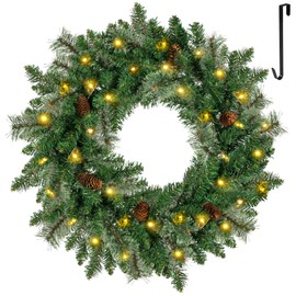 LOENIY Pre-lit Christmas Wreath for Front Door, Timer Outdoor Wreath for Windows with Pine Needles, Pine Cones & Hanging Hooks, Battery Operated Artificial Wreath Decorations Indoors, 24 inch