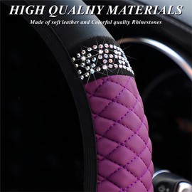 DBYUME Soft Leather Car Steering Wheel Cover with Sparkly Crystal Diamond, Universal 15 Inch Colorful Rhinestones Elastic Steering Wheel Covers for Women (Pink)