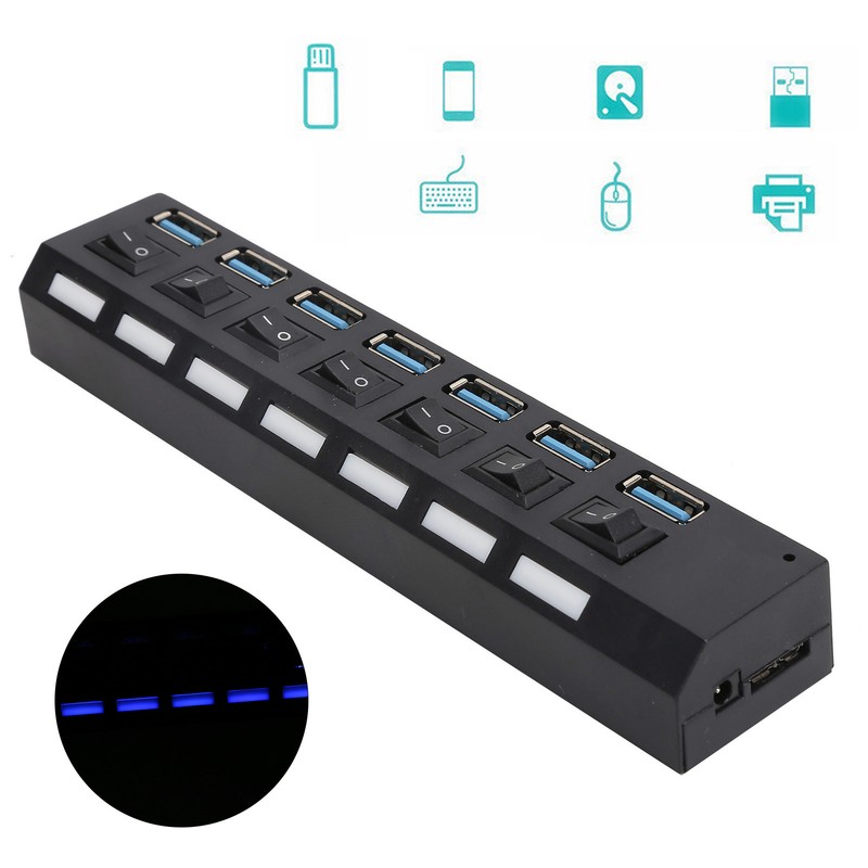 USB Hub 3.0 7‑Port High Speed Splitter Individual Switches Power