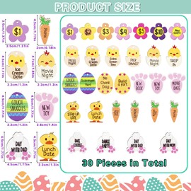 Medoore 30Pcs Easter Reward Tokens Easter Egg Tokens Easter Egg Fillers Wood Easter Reward Tokens with 30 Different Engraved Sayings 8 Different Colorful Designs for Easter Party Favors