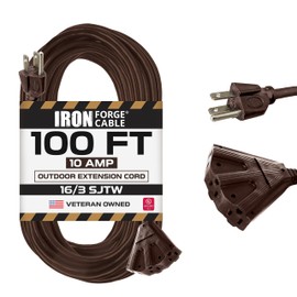 Iron Forge Cable 100ft Brown Outdoor Extension Cord with 3 Outlets - 16/3 SJTW 100ft Extension Cord 3 Prong, 13 Amp All-Weather Heavy Duty Power Cable