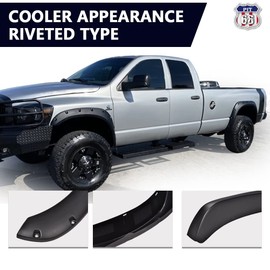 PIT66 4 Pcs Rugged Fender Flares Compatible with 2002-2008 Dodge Ram 1500/2003-2009 Dodge Ram 2500 3500 (Fits Fleetside, NOT Fits Dually/Hemi Engine), Textured Pocket Riveted Style Wheel Flares