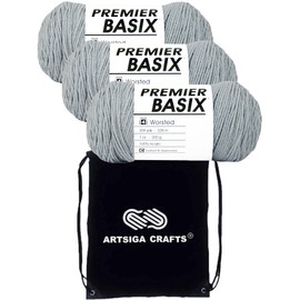 Premier Yarns Basix Light Gray 1115-02 (3-Skeins - Same Dye Lot) Worsted Medium #4 Acrylic Yarn for Crocheting and Knitting - Bundle with 1 Artsiga Crafts Project Bag