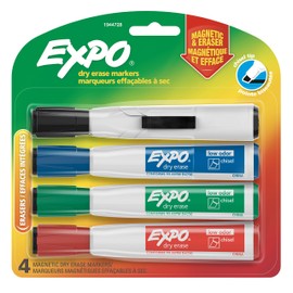 EXPO 1944728 Magnetic Dry Erase Markers with Eraser, Chisel Tip, Assorted, 4-Count