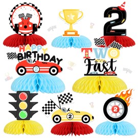 8Pcs Two Fast Honeycomb Centerpieces, Retro Race Car Theme 2nd Birthday Party 3D Table Decorations - Double Sided Racing Party Table Supplies for Two Year Old Boy