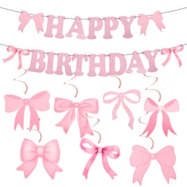 Bow Happy Birthday Banner, Pink Bow Birthday Garland Bow Birthday Banner for Women Girls Birthday Party Backdrop Decoration