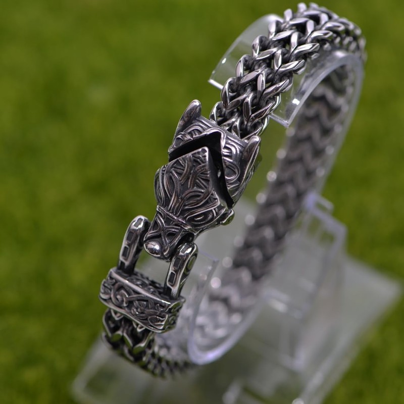 LANGHONG Norse Viking Wolf Bracelet Men's Stainless Steel Mesh Chain