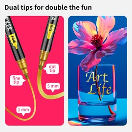 NAWOD 3 Gold Acrylic Paint Pens, Dual Tip Acrylic Paint Markers (Fine 1mm + Dot 5mm), Acrylic Markers for Rock, Fabric, Canvas, Glass, Wood, Ceramic, Paper, DIY, Paint Markers for Kids and Adults