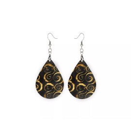 Twisted R Design Black and Gold Swirl Print Wood Dangle Teardrop Print Earrings Jewelry