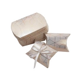 UPSTORE 50 Pack Mini Pillow Candy Box Kraft Paper Small Gift Boxes with Ribbon for Wedding Party Favor Jewelry Soap Packaging (Gold Stripes)