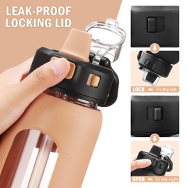 Kodrine Water Bottle With Straw and Carry Handle, Glass Water Bottle 24 oz Leak Proof Locking Lid with Soft Silicone Spout, Reusable Drinking Cups for Travel Sports with Time Marker,Amber