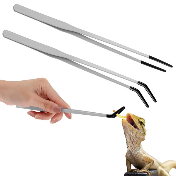 Lasnten 2 Pcs Stainless Steel Reptile Feeding Tongs with Rubber Tip Aquarium Tweezers Straight and Curved Long Tweezer Terrarium Tool Long Handle Feeder Tool for Snake Fish Tank (10 Inch, 10.5 Inch)