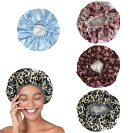 4 PCS Double Layer Shower Cap for Women,Waterproof and Reusable Shower Cap Hats Men,with Elastic Band Ruffles Cover the Ears Keeps Hair Dry for Long Short & Curly Hair