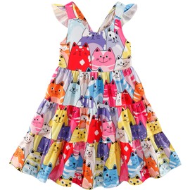 Girls Cat Dress Flutter Sleeve Twirly Shirred Swing Tiered Sundress Kids Summer Birthday Outfits Toddler Smock Kitten Dresses 6-7 Years