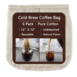 6 Pack - Pure Cotton Reusable Cold Brew Coffee Bag, 12 X 12 Inches, Round Corner Easy to Clean, Build-in Drawstring, Unbleached Pure Cotton, Eco-friendly Cold Brew Coffee Filter