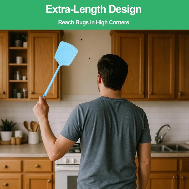 6 Pack Heavy Duty Fly Swatters, Extra Long 17.7in Plastic