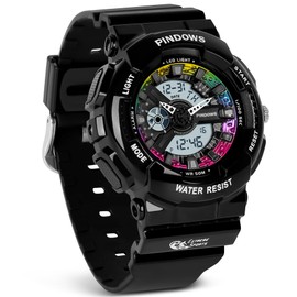 PINIDOUS Women Watch for Women Outdoor Waterproof Digital Sports Analog Watches for Ladies Students with Stopwatch Alarm Countdown Dual Display 7 Color LED Backlight