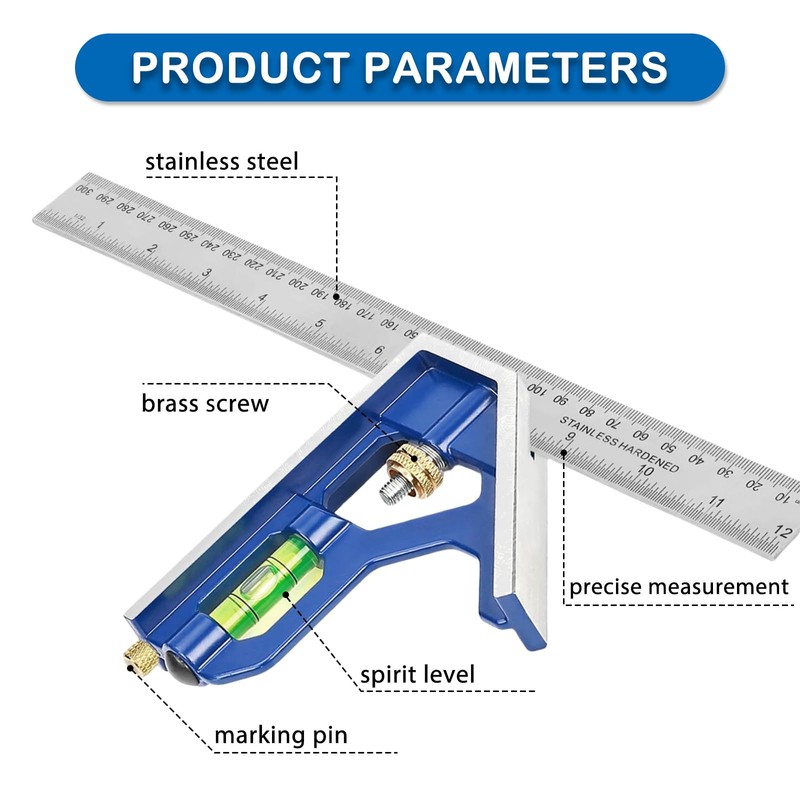Combination Square Blue Aluminium 300mm (12in), Engineers Set Square, Stainless