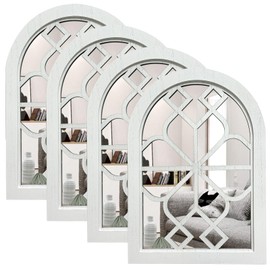 ZEXUIRU 4 Set Arched Window Mirror Wall Decor,Rustic Mirror Set Arches, Wood Framed Farmhouse Hanging Mirrors for Wall Decor Living Room,Bedroom Kitchen,Distressted White