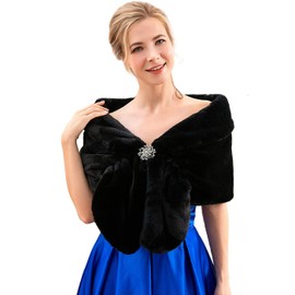 JAKAWIN Women’s Faux Fur Wraps and Shawls Bride Wedding Fur Stole Bridal Fur Shrug Winter Fur Scarf Cover Up for Women and Girls (4-14, 2 Black)