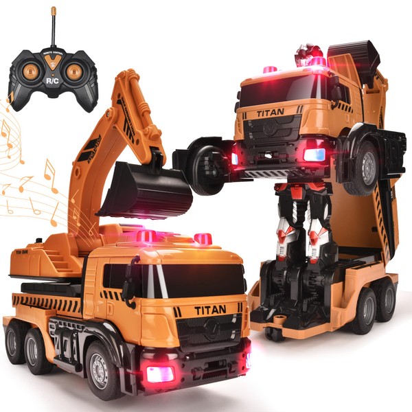 Hodlvant Transform Robot Car Excavator Toys Truck, Transform RC Robot Construction Engineering Vehicle with One-Button Deformation, Music and Light, Excavator Car for Boys Girls