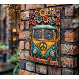 Retro Peace Van Metal Wall Art Sign, 8x12 Inches, Colorful Floral Design, Vintage Hippie Style Home Decor