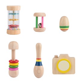 Montessori Wooden Baby Rattle Musical Wooden Toy, Montessori Sensory Toy, Gift for Boys and Girls from 1 Year, Birthday Gift for Children and Toddlers, Pack of 6