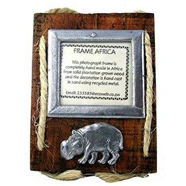 The Friendly Trading Co Frame Africa Hand Made Wood & Recycled Metal African Photo Frame with Hippo 3 x 3.25 inch Photo size