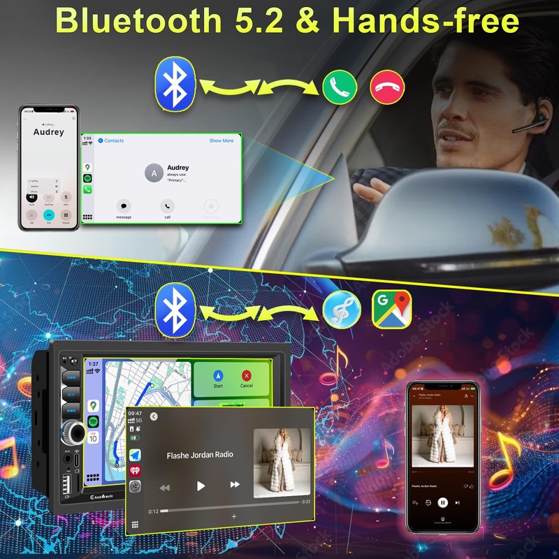 Wireless Apple CarPlay Double Din,7" Car Bluetooth 5.2,FM Car Radio,IPS