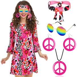 Disfraz Hippie de Los Años 60 y 70, 6 Piezas Conjunto de Hippie para Mujer, Traje Discoteca, con Diadema, Collar, Aretes y Gafas de Sol, Disfraz para Halloween