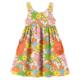Toddler Girls Sundress Cute Orange Flower Print Groovy Birthday Dress Twirly Summer Dress with Pocket Size 4-5 Years