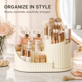 360° Rotating Makeup Organizer with Brush Holder, Acrylic Vanity Cosmetic Storage for Skincare, Perfume and Lotions