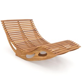 RELAX4LIFE Rocking Double Chaise Lounge, Acacia Wood Sun Bed Lounger w/Slatted Seat, Bottom Stopper, Indoor Outdoor Loveseat Rocker for Pool Patio, 440LBS Capacity, Wooden Rocking Lounge Chair (1)