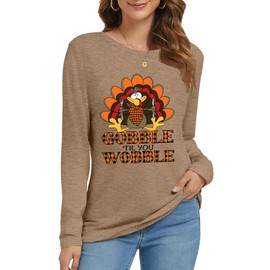 Ithalt Thanksgiving Shirts for Women Gobble Till You Wobble T Shirts Thanksgiving Turkey Tshirts Gobble Fall Long Sleeve Tops(LightBrown2, Medium)