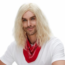 MEDISIFA Long Blonde Curly Mens Wig Shoulder Length Wavy Men Wigs for Man Male Hippie 60s 70s Them Party Cosplay Costume Anime Men Wig