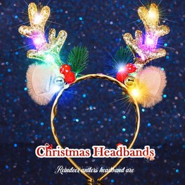 Reaky Light Up Christmas Headband Led Gold Reindeer Antlers HeadbandChristmas Accessories for Women (Gold, One Size)