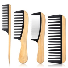 Juego de 4 peines de dientes anchos de bambú, peine de dientes anchos de madera para mujer, peines desenredantes para cabello rizado húmedo y grueso c