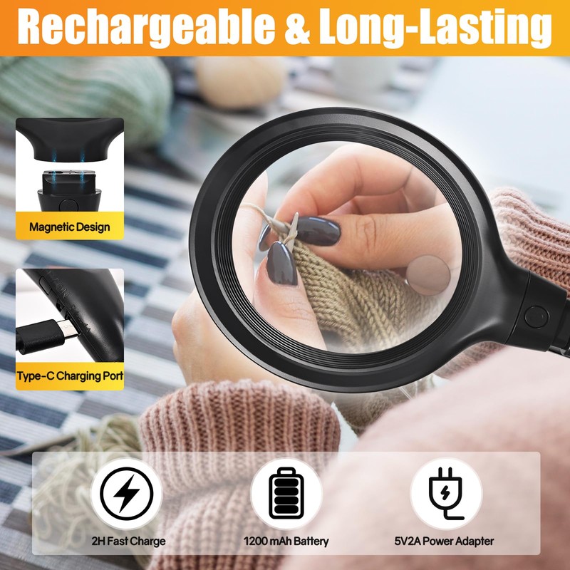 5X Large Hands Free Magnifying Glass for Reading, 6 Light