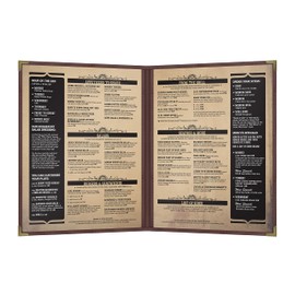 Burgundy, 10 Pack, 2 View - 8.5" x 11", Pajco Style Restaurant Menu Cover, Side-Loading, Single Stitched Edge, Crystal Clear Vinyl Menu Holder with Leatherette Trim, and Gold Decorative Corners