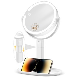 MOMOKUBA Espejo de Maquillaje con Luces, Espejo de Aumento de Doble Cara con luz 30X, Espejos de luz Ajustables en Altura, 3 Luces de Color Recargables, rotación de 360° Desmontable Viene con Pinza