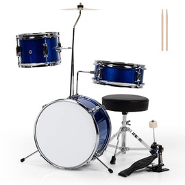 COSTWAY Kids Drum Set, 16” Junior Drum Kit with Bass/Snare/Toms/Floor Drum, Hi-Hat, Cymbal, Pedal, Seat, Drumsticks, 3 PCS Children’s Beginner Drum Instrument for Age 3-12 (Blue)